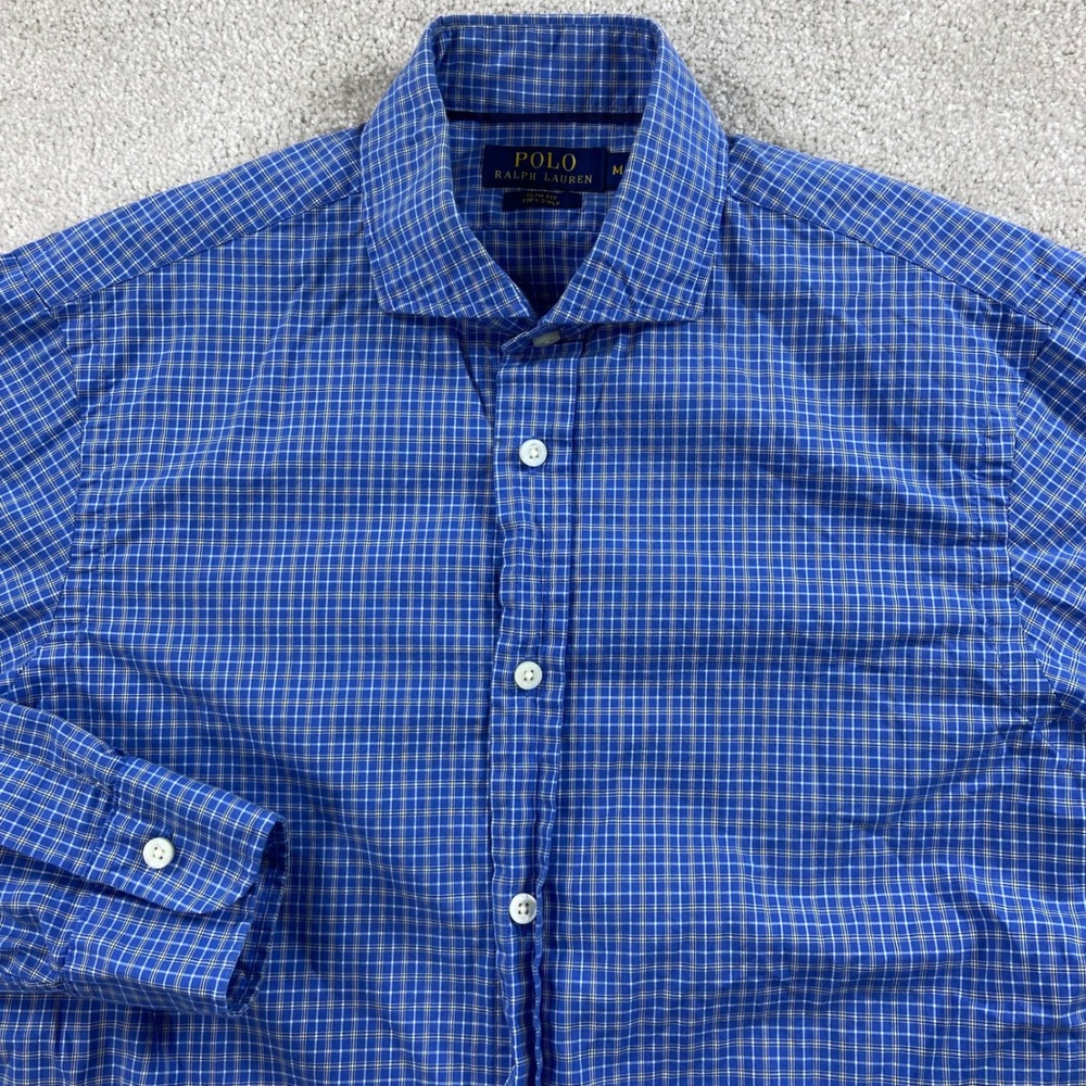 Polo Ralph Lauren Button Down Shirt Mens M Blue Grid Check Slim Fit 120s 2-Ply